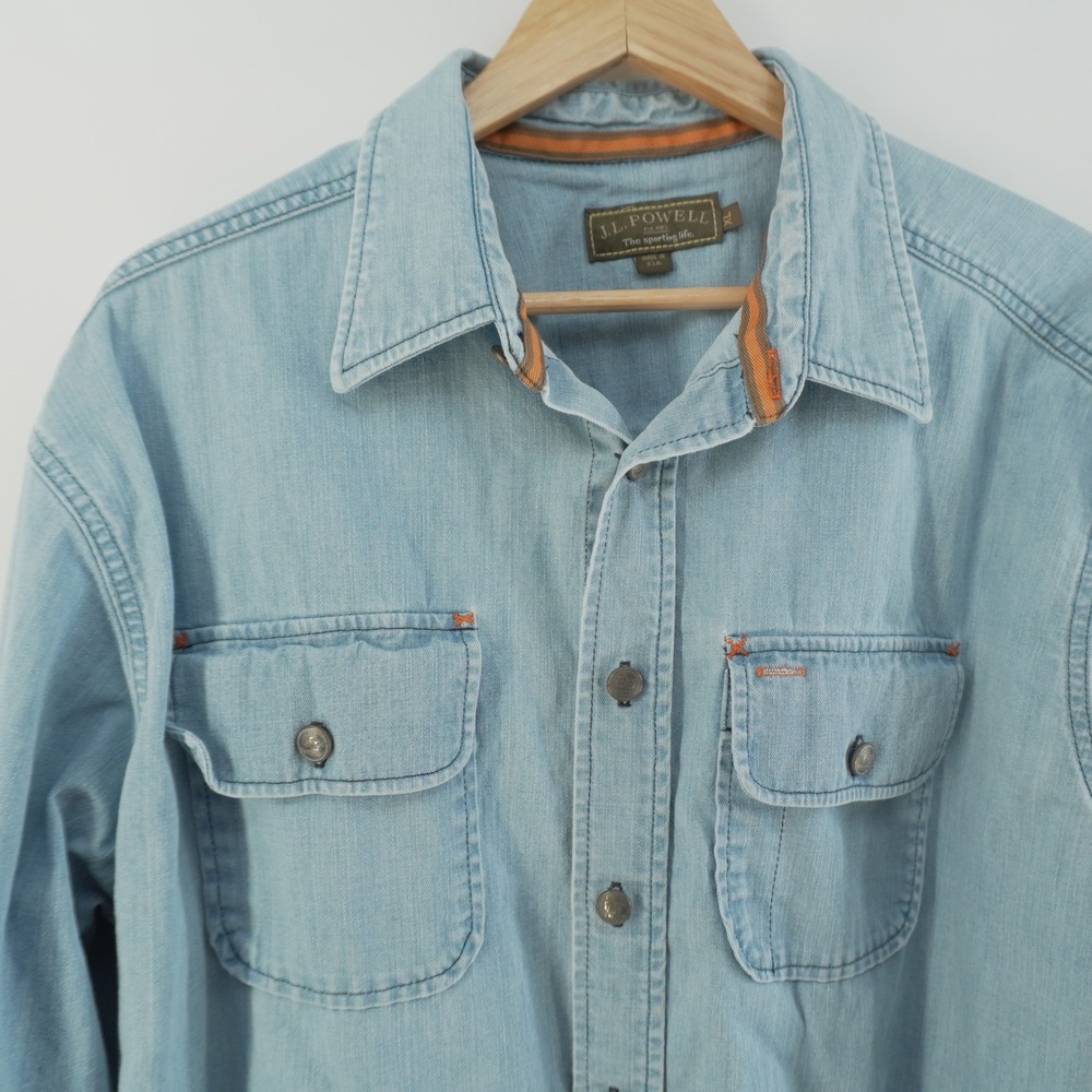 J.L. Powell Denim Shirt Mens XL Blue Light Wash Long Sleeve Button Down USA